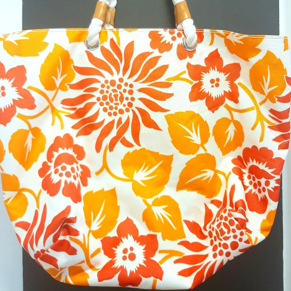 Women's Lands' End  Tote Purse Beach bag Tropical Floral Botanical  White Orange